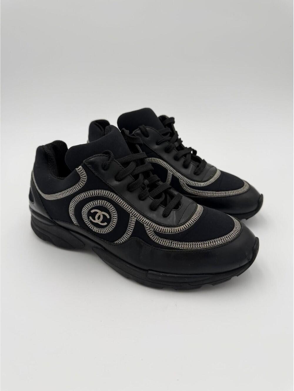 Chanel CC Logo Sneakers Black Silver Trim Women’s EU 39 Running Shoes